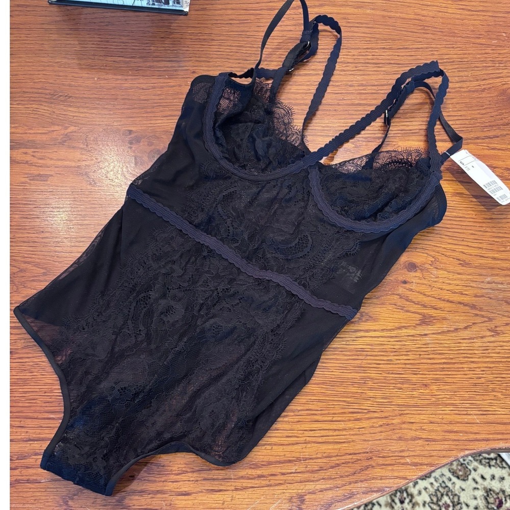 HM Black Lace Mesh Bodysuit Sheer Floral Lingerie One Piece Size 8 NEW